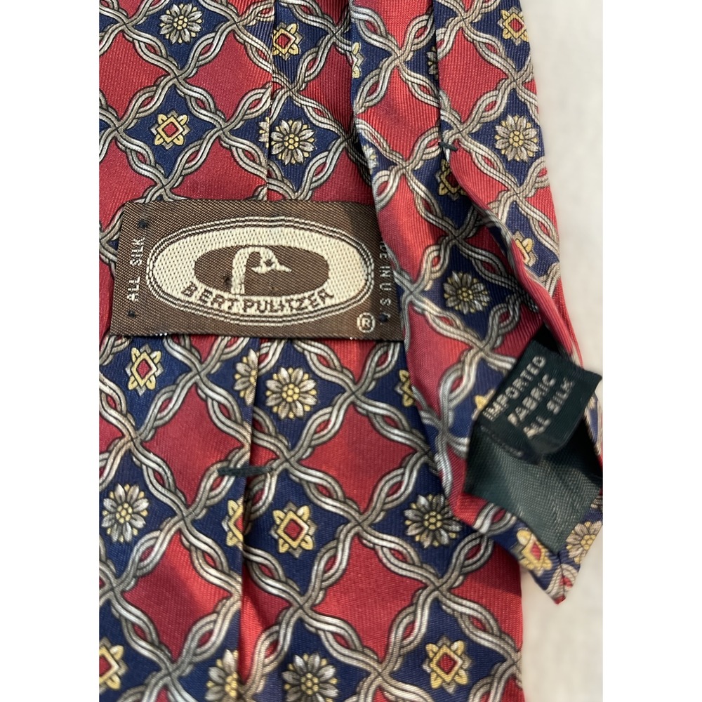 Bert Pulitzer All Silk Necktie Red Blue Gold Floral Geometric Pattern - Picture 2 of 2